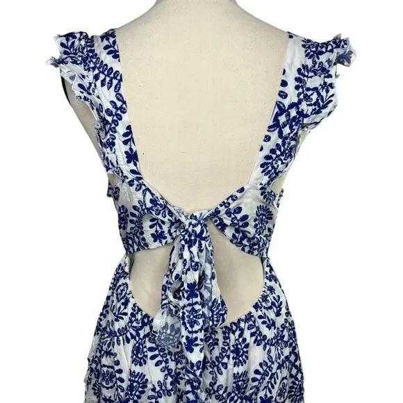 Cupshe Blue & White Ornate Flutter Sleeve V-Neck Mini Dress Size L - Picture 8 of 9